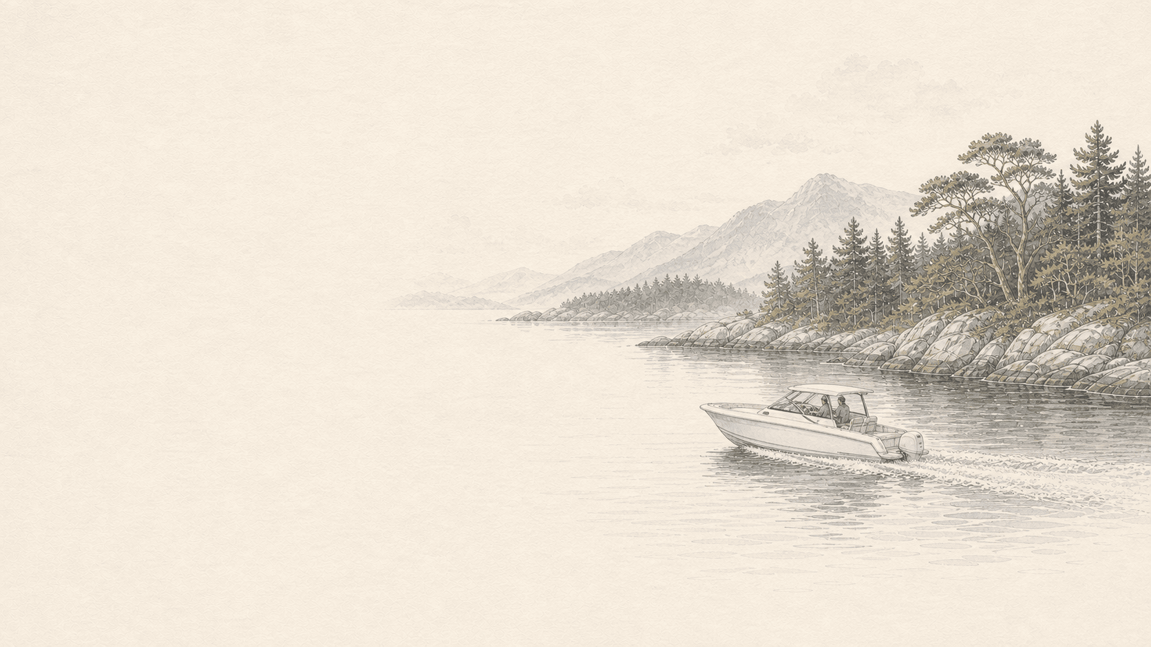 A small illustrated family cruising boat underway past a rocky, forested Canadian shoreline